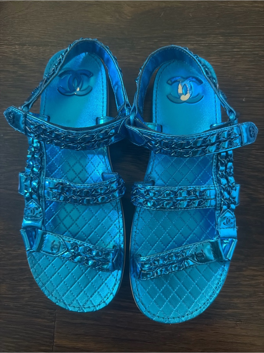 CHANEL Metallic Teal Blue Quilted Sandals with Chain Trim - Picture 5 of 7